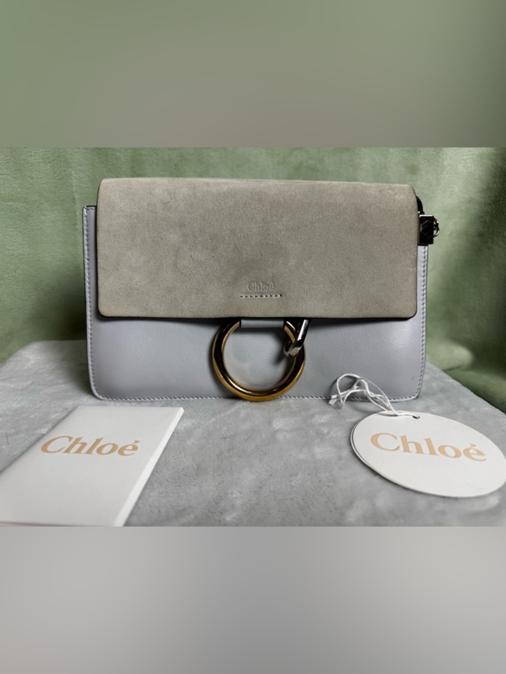 NWT Chloé Small Faye Shoulder Bag in Suede & Calfskin - Cloudy Blue/Motty Grey